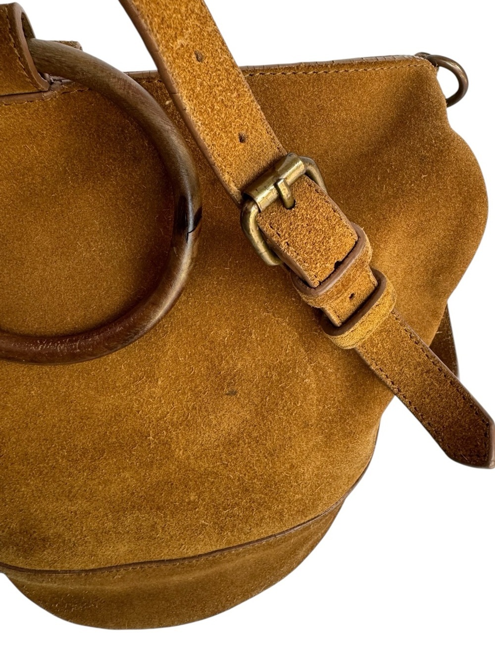 Indi & Cold Suede Leather Bucket Bag Wooden Handles Boho Slouchy Slouchy Purse